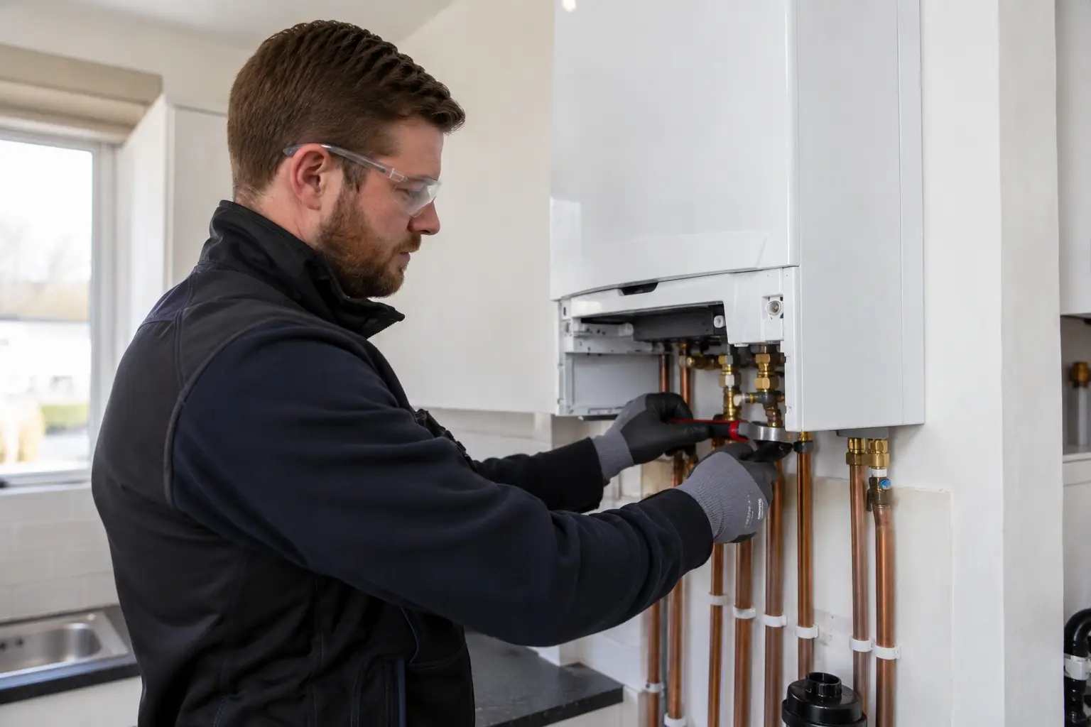 Gas Safe engineer carrying out gas boiler installation