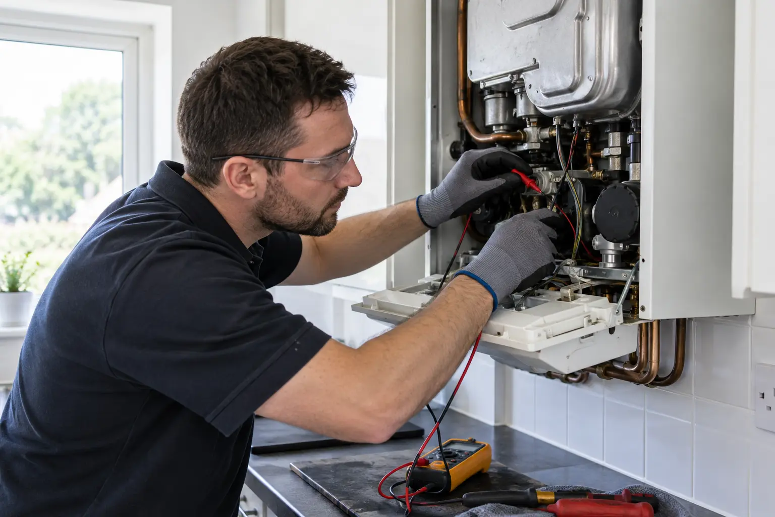 Gas Safe engineer carrying out gas boiler repairs
