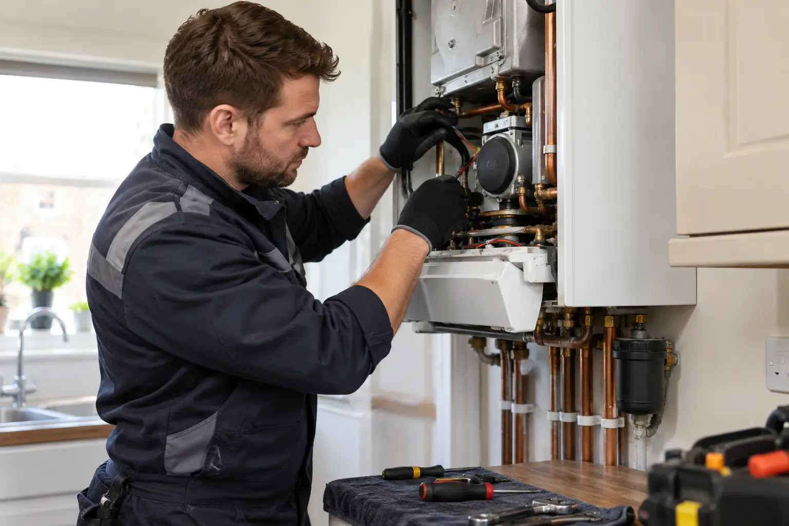 Gas Safe engineer carrying out gas boiler replacement