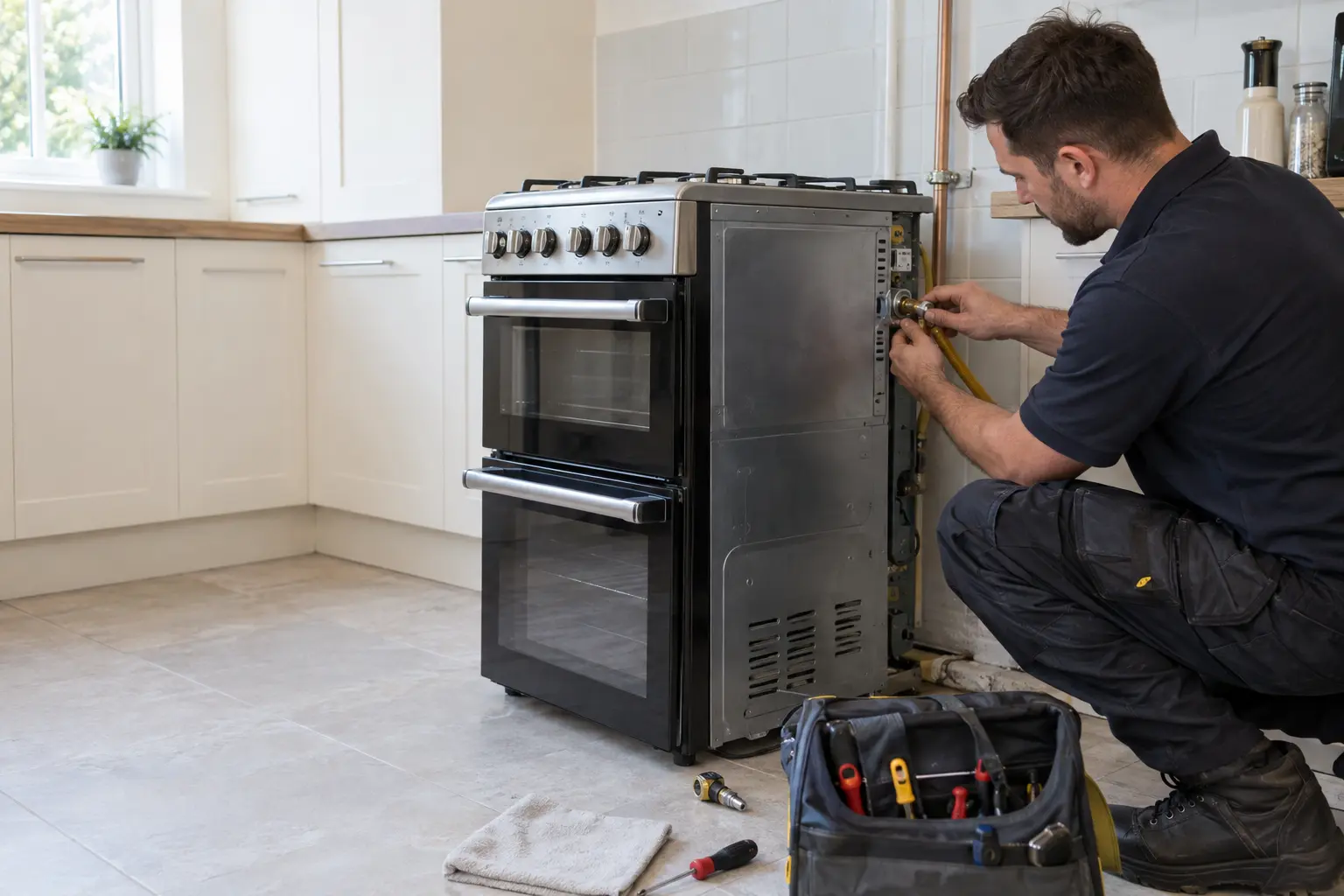 Gas Safe engineer carrying out gas cooker installation