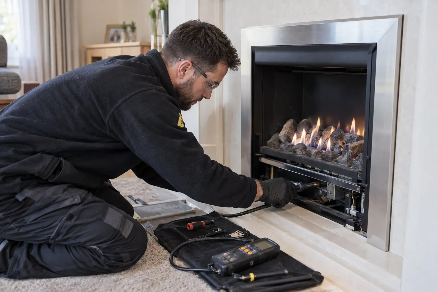 Gas Safe engineer carrying out gas fire servicing