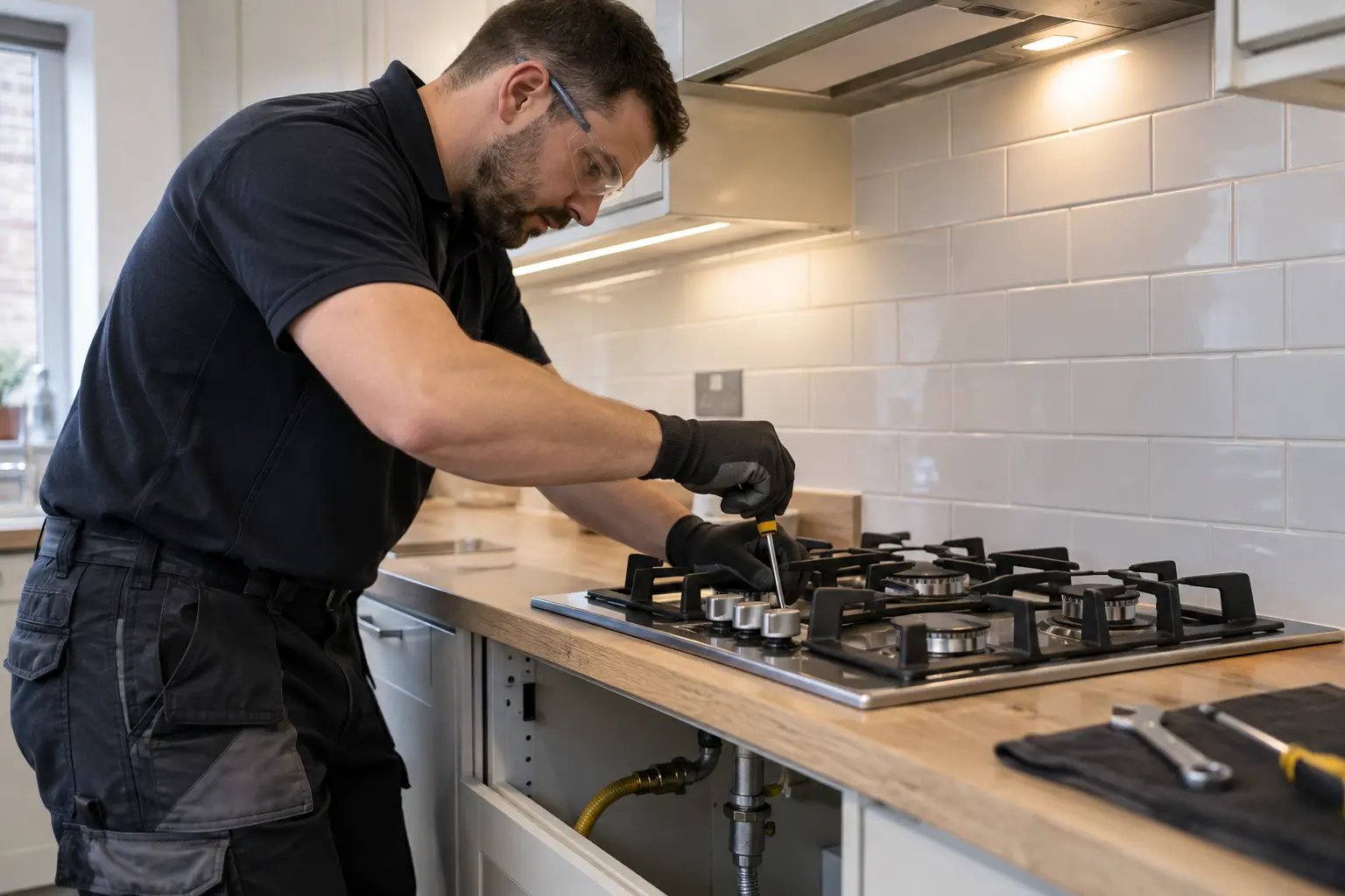 Gas Safe engineer carrying out gas hob installation