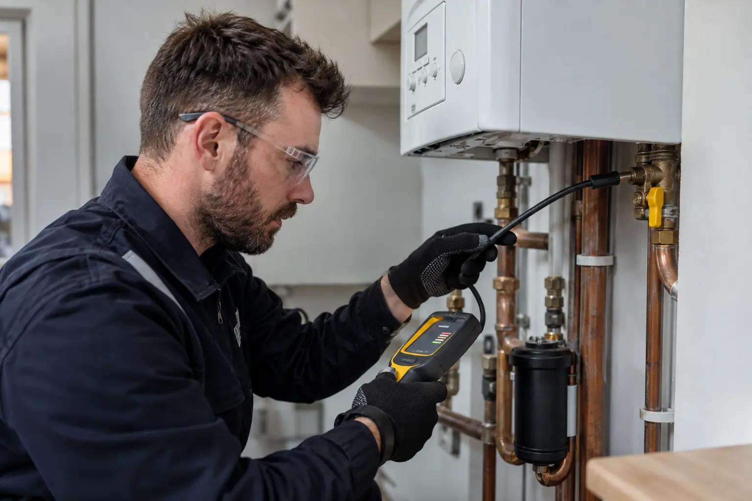 Gas Safe engineer carrying out gas leak detection