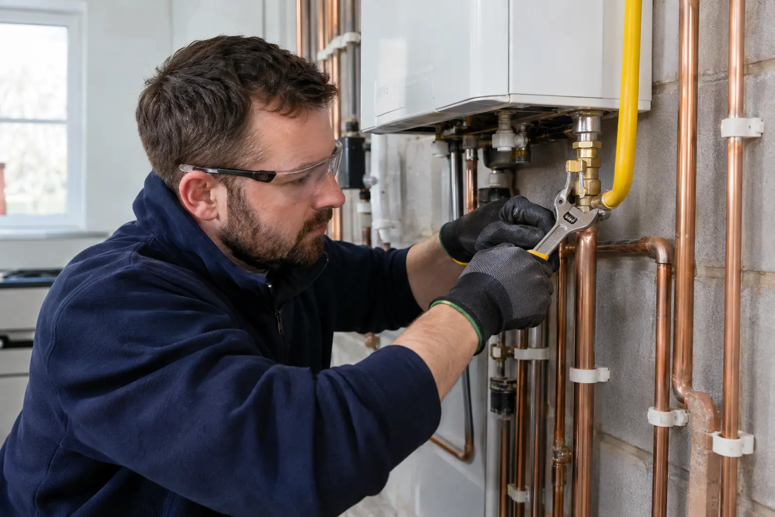 Gas Safe engineer carrying out gas pipe installation